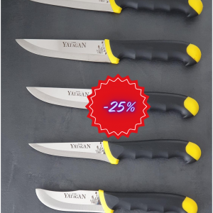 Set de 5 couteaux de cuisine manche souple bimatière jaune et noir et acier inoxydable The YATAGAN