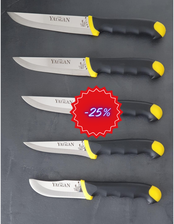 Set de 5 couteaux de cuisine manche souple bimatière jaune et noir et acier inoxydable The YATAGAN